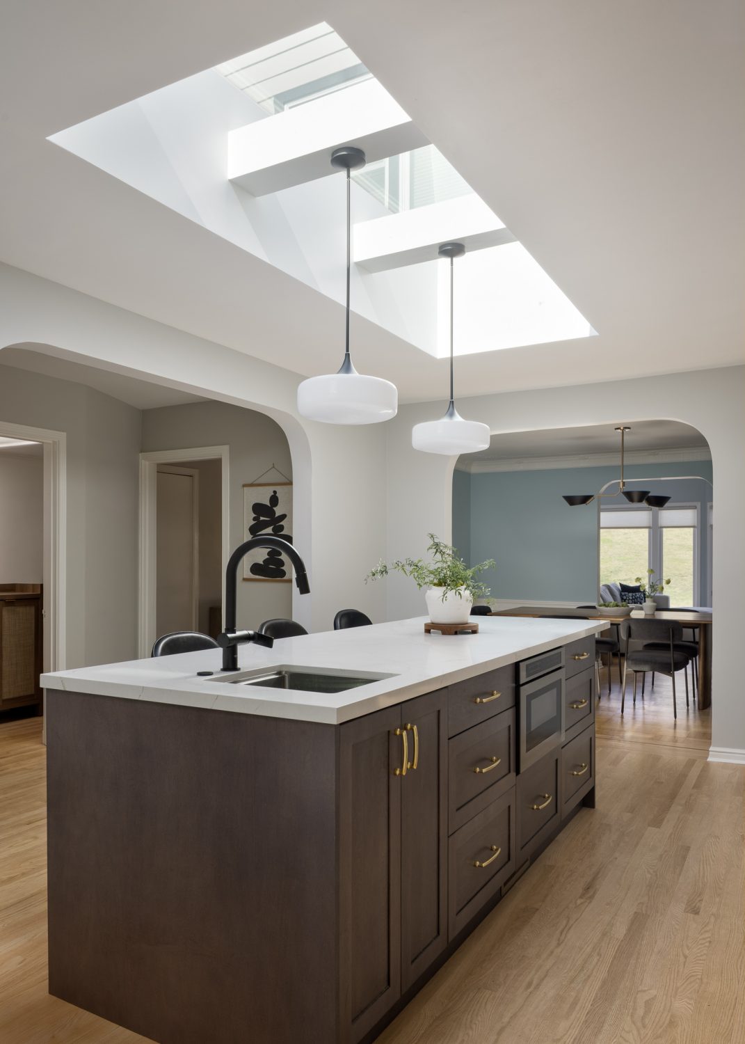 Arcadia kitchen walnut island with view into the dining room